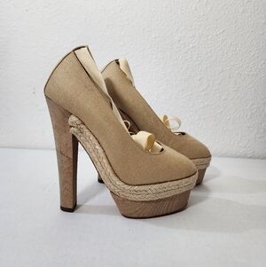 Christian Louboutin Espadrilles Beige Canvas Platform Heels Ankle Wrap Pumps 35